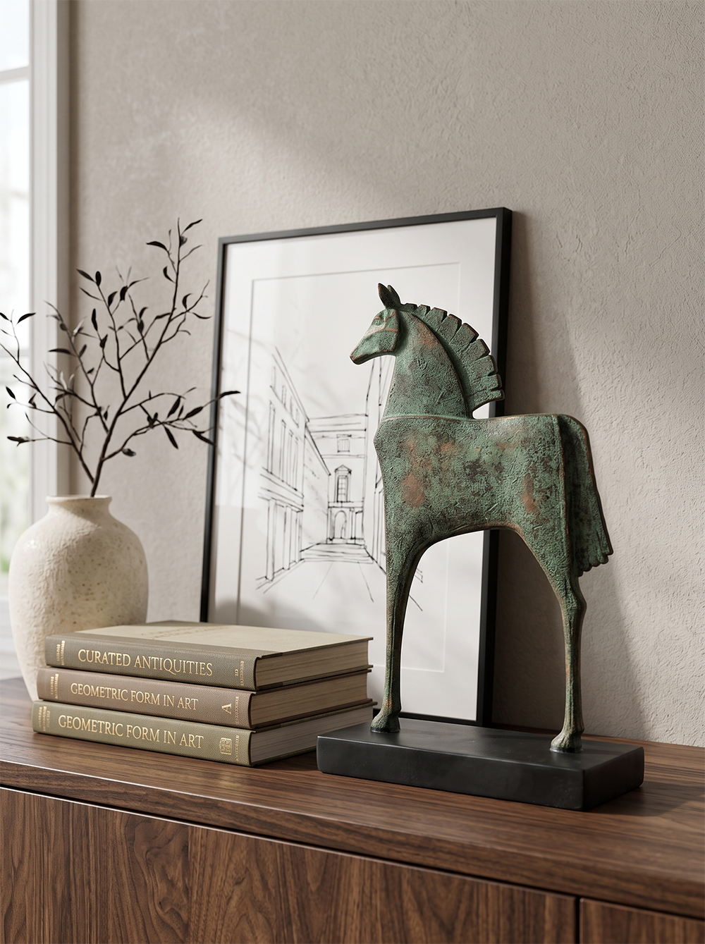 8.5x4x14" Horse Sculpture On Stand - Green/Bronze