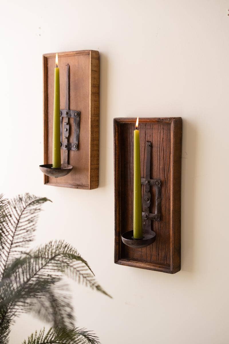 WOODEN WALL SCONCE WITH REPURPOSED IRON SPOON CANDLE HOLDER