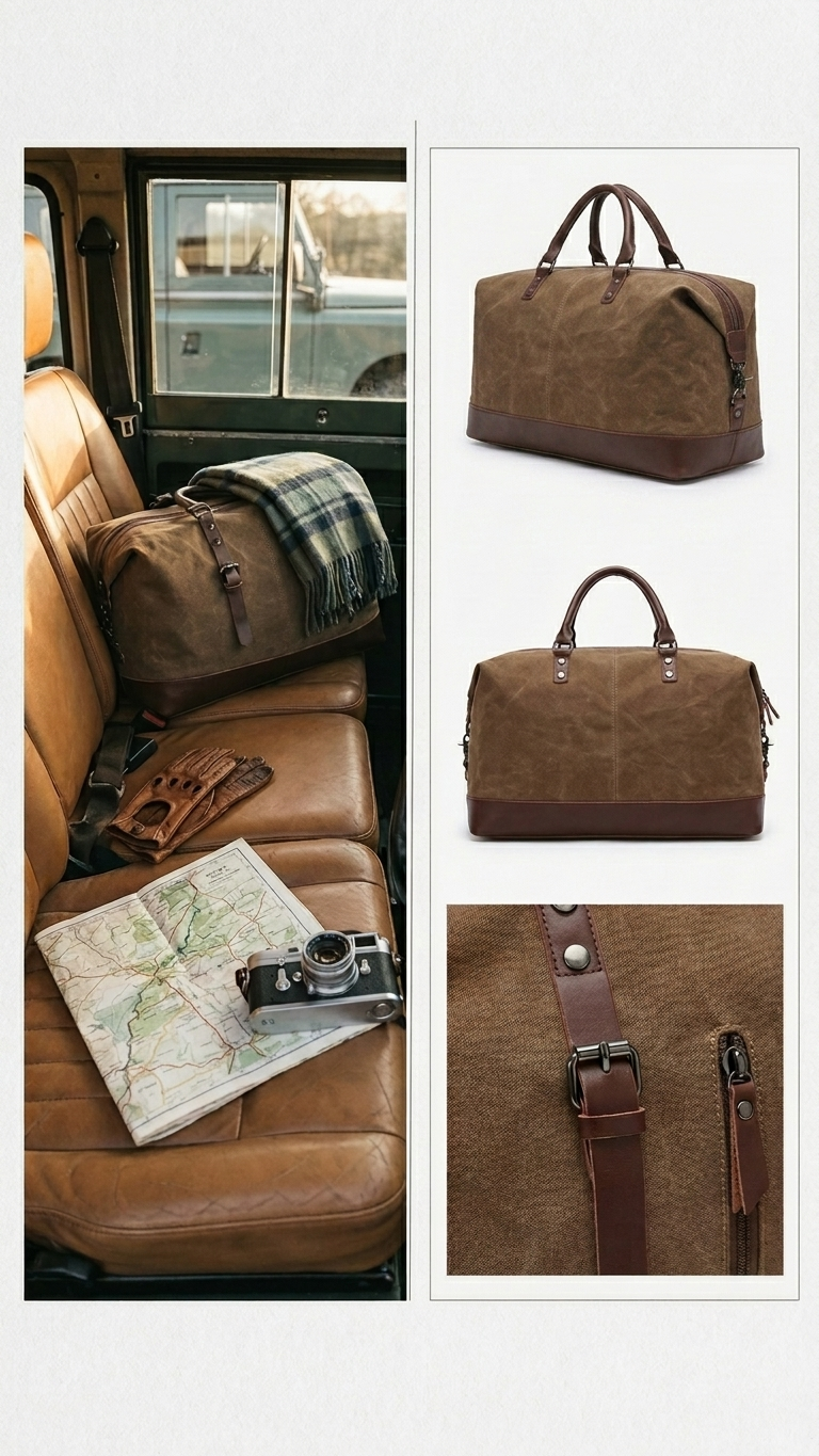 Tuzech Vintage Waxed Canvas Leather Duffel Weekender Bag