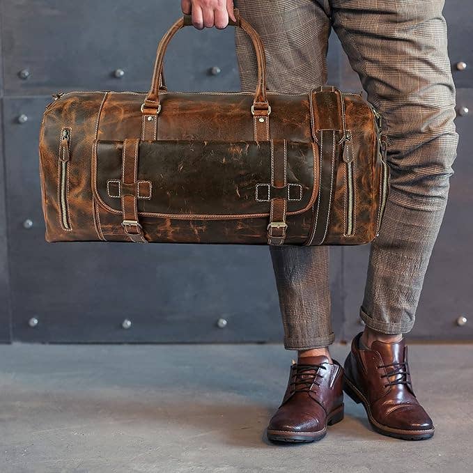 Tuzech Large leather Travel Bag Duffel bag Gym sports flight cabin bag Leather Holdall Overnight Weekend Large luggage bag