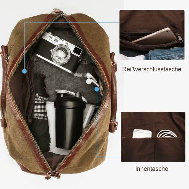 Tuzech Vintage Waxed Canvas Leather Duffel Weekender Bag
