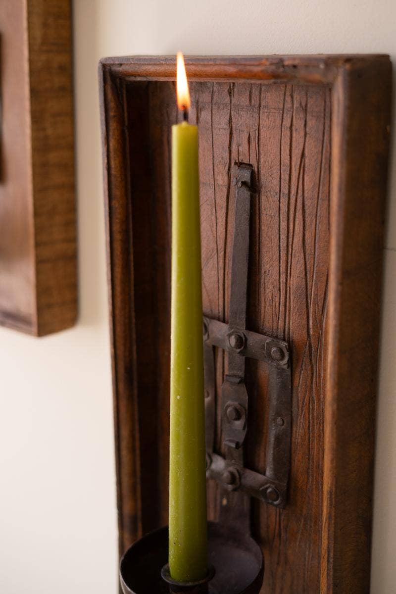 WOODEN WALL SCONCE WITH REPURPOSED IRON SPOON CANDLE HOLDER