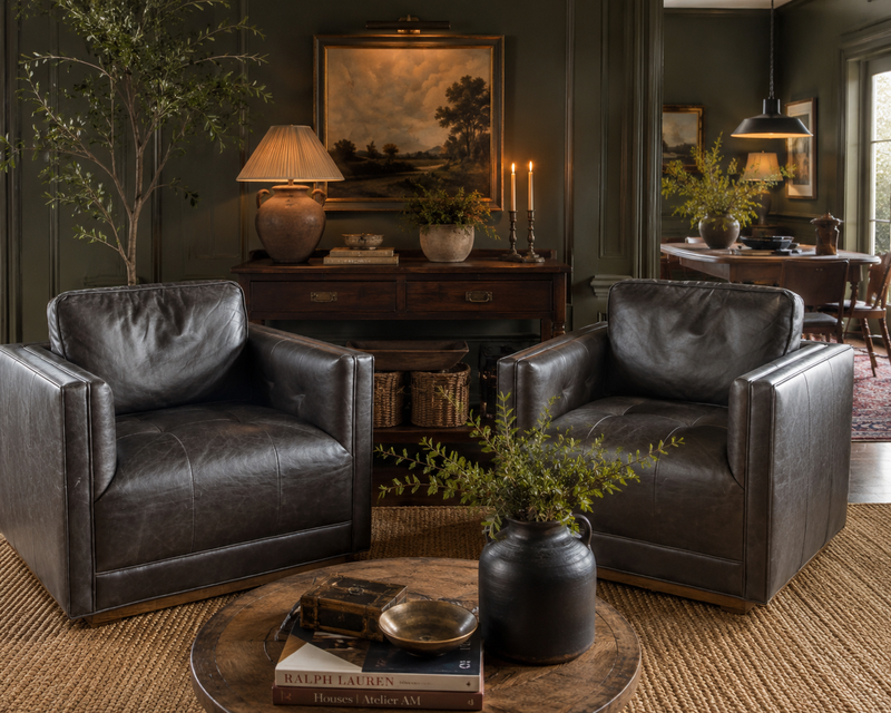 Fourhands Black Leather Swivel Chair