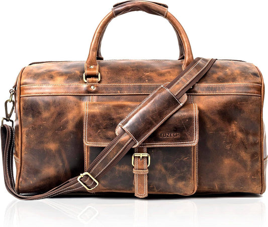 Tuzech Large Duffel Luggage leather Travel Bag Duffel bag Gym Bag Airplane cabin Approved Carry On Overnight Leather Weekender Mens Duffle Bag For Men and Women 20 Inch