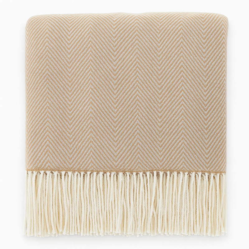 Camel Herringbone Fringed 50x60 Inch Throw Blanket