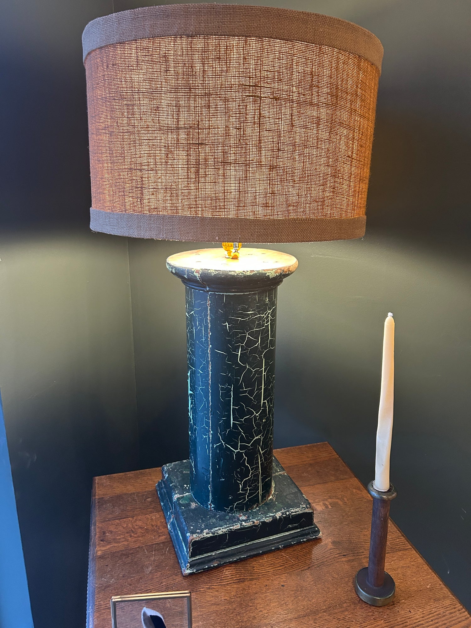 Green Pillar Lamp w/ Burlap Shade
