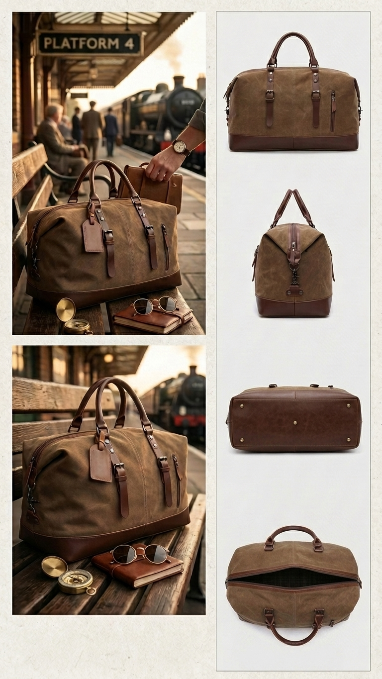 Tuzech Vintage Waxed Canvas Leather Duffel Weekender Bag