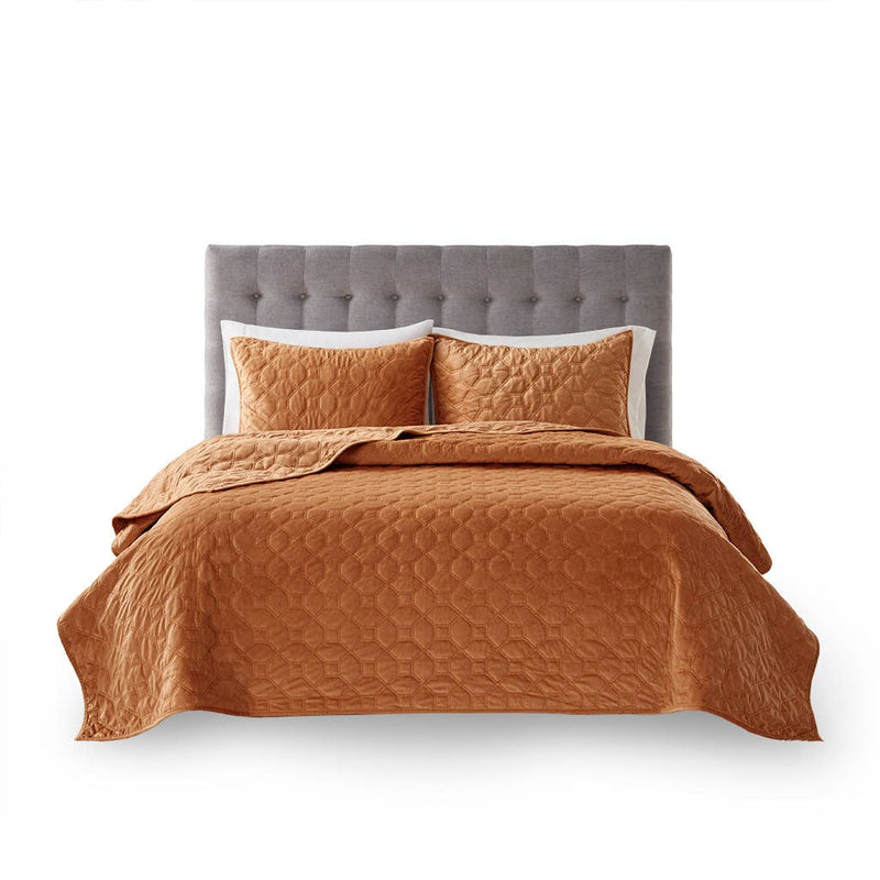 Velvet 3-Piece Quilt Set, Rust Orange