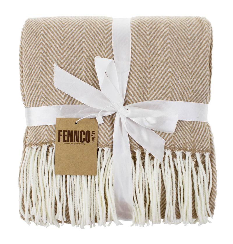 Camel Herringbone Fringed 50x60 Inch Throw Blanket
