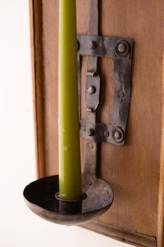 WOODEN WALL SCONCE WITH REPURPOSED IRON SPOON CANDLE HOLDER