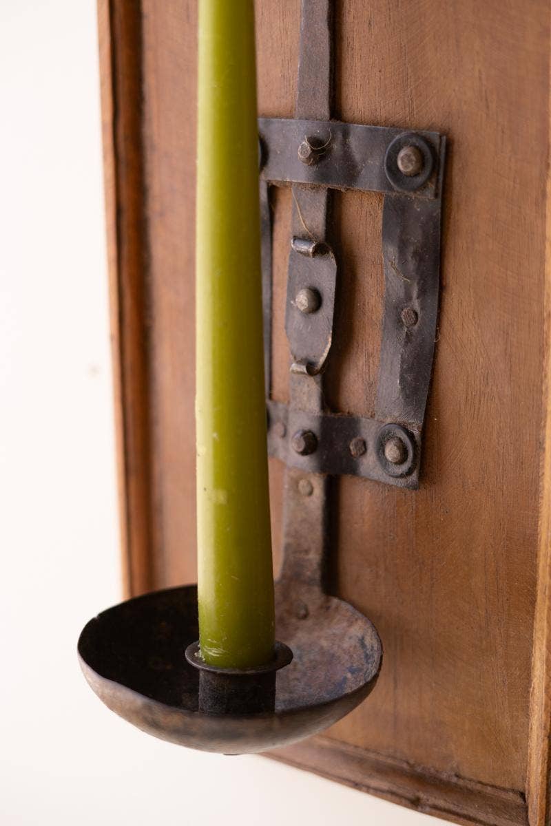 WOODEN WALL SCONCE WITH REPURPOSED IRON SPOON CANDLE HOLDER