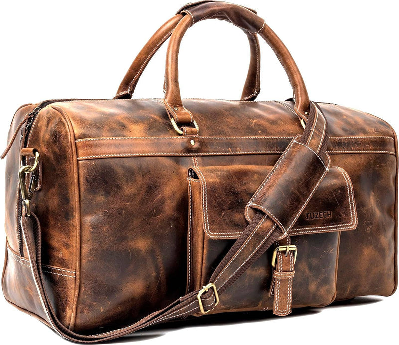 Tuzech Large Duffel Luggage leather Travel Bag Duffel bag Gym Bag Airplane cabin Approved Carry On Overnight Leather Weekender Mens Duffle Bag For Men and Women 20 Inch